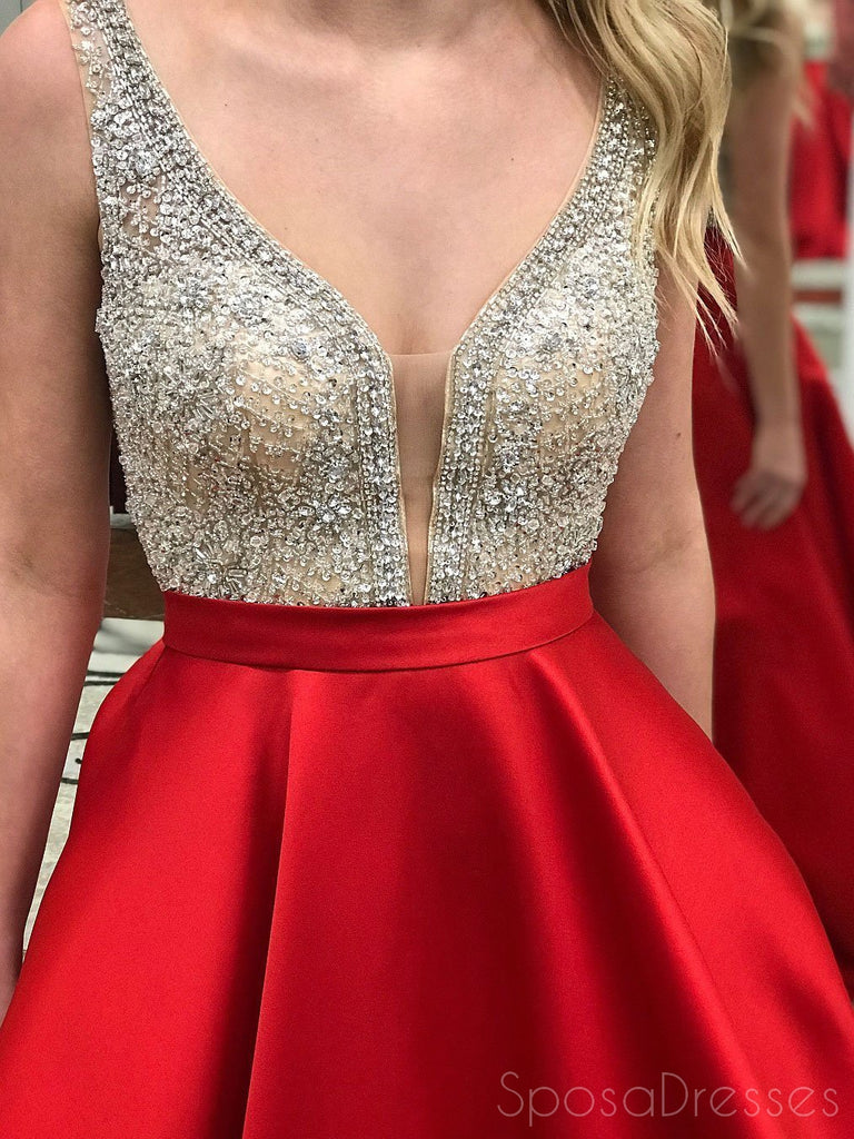 Sexy Backless Deep Neckline Red Skirt Delicate Beading A-line Long Evening Prom Dresses, 17356