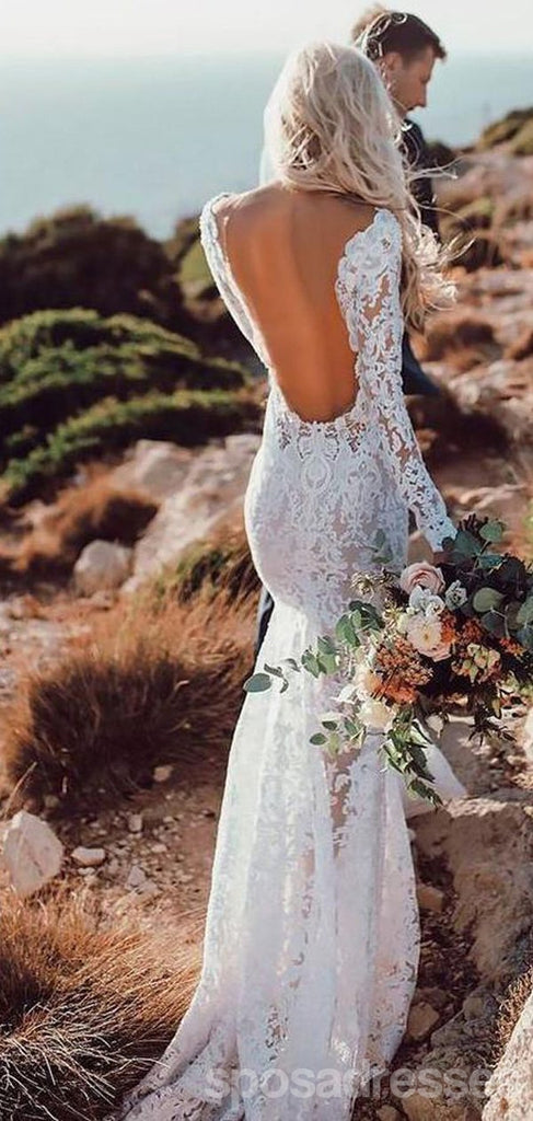 Sexy Backless Lace Mermaid Cheap Wedding Dresses Online, Long Sleeves Bridal Dresses, WD441