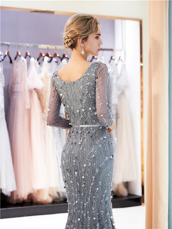 Long Sleeves Grey Rhinestone Heavily Beaded Mermaid Evening Prom Dresses, Evening Party Prom Dresses, 12038