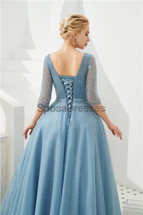 Long Sleeves Blue Beaded A-line Evening Prom Dresses, Evening Party Prom Dresses, 12130