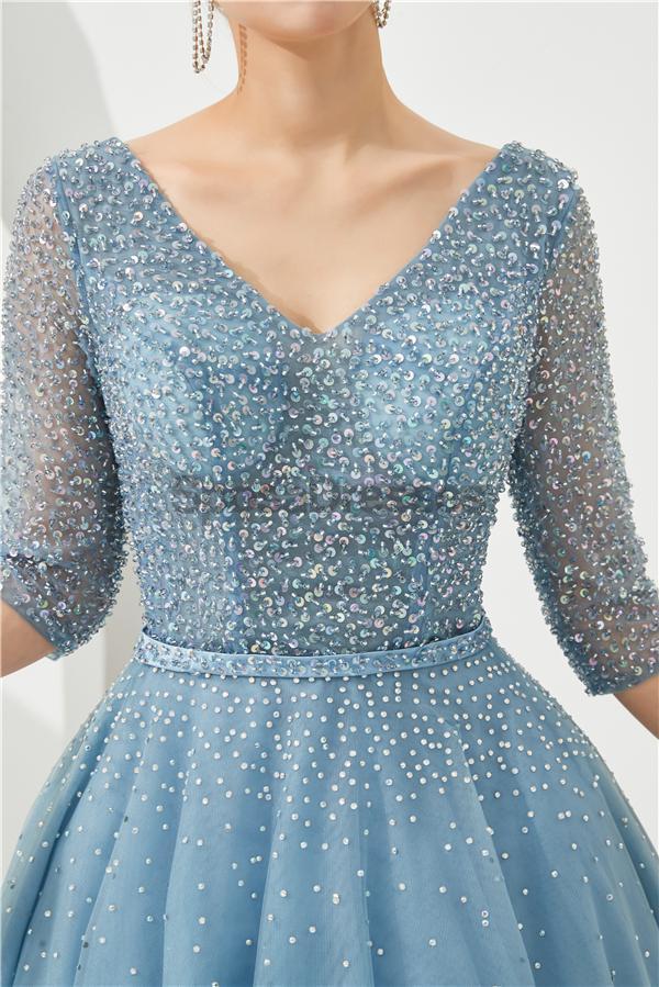 Long Sleeves Blue Beaded A-line Evening Prom Dresses, Evening Party Prom Dresses, 12130