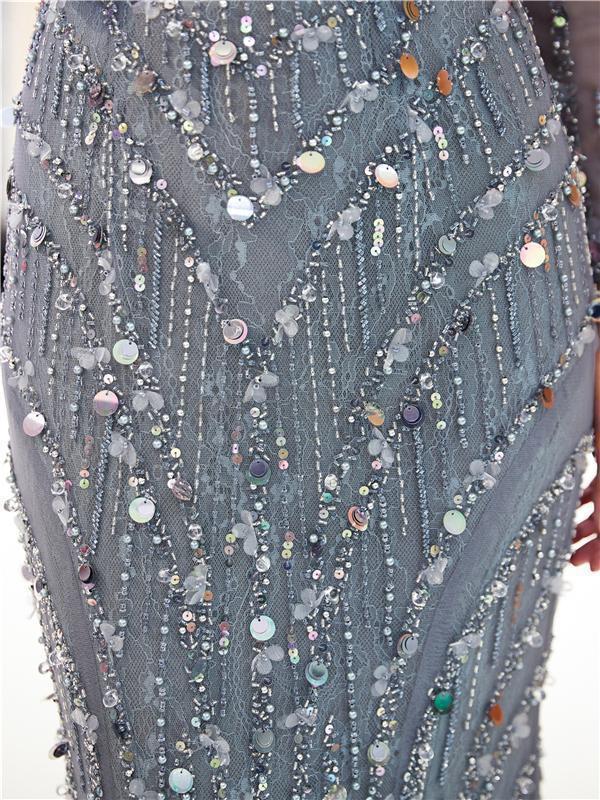 Long Sleeves Grey Rhinestone Heavily Beaded Mermaid Evening Prom Dresses, Evening Party Prom Dresses, 12038