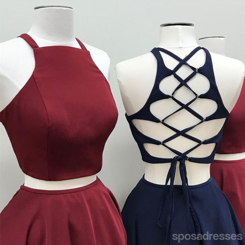 Simple Two Pieces Halter Burgundy Cheap Short Homecoming Dresses 2018, CM553