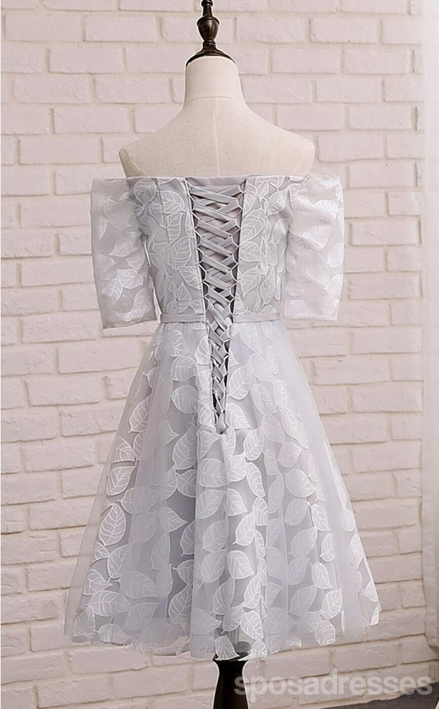 Short Sleeve Gray Leaf Lace Cute Homecoming Prom Dresses, Affordable Short Party Prom Sweet 16 Dresses, Perfect Homecoming Cocktail Dresses, CM339
