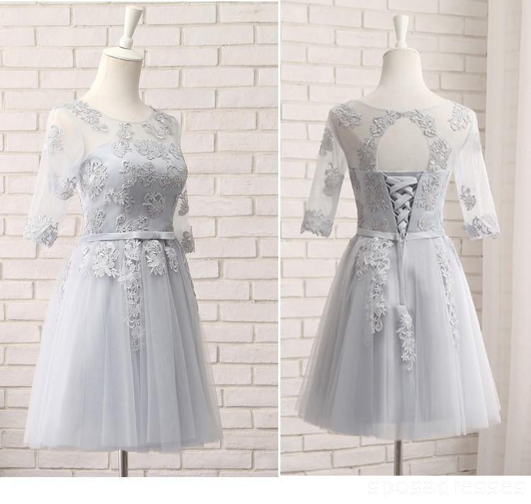 Long Sleeve Gray Lace A line Long Bridesmaid Dresses, Bridesmaid Dresses, BD020