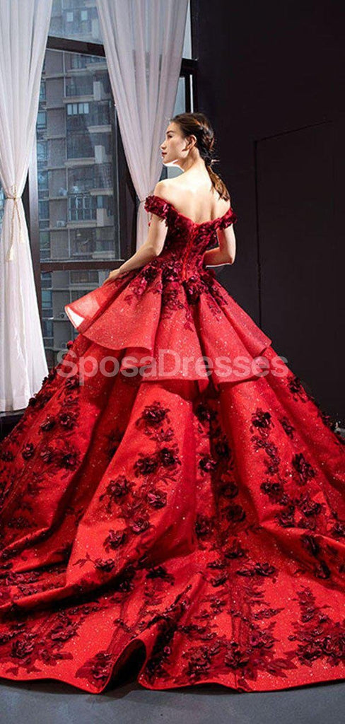 Off Shoulder Red Ball Gown Long Evening Prom Dresses, Evening Party Prom Dresses, 12259