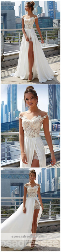 Off Shoulder See Through Cheap Wedding Dresses Online, Side Slit A-line Bridal Dresses, WD444