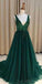 V Neck Emerald Green Tulle  A line Long Custom Evening Prom Dresses, 17452