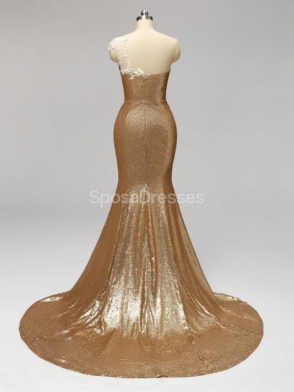 Gold Sequin One Shoulder Mermaid Long Cheap Bridesmaid Dresses Online, WG596