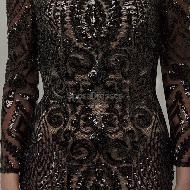 Off Shoulder Long Sleeves Black Sparkly Mermaid Long Evening Prom Dresses, Evening Party Prom Dresses, 12014