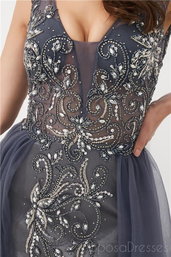 Sexy Backless V Neck Grey Beaded Evening Prom Dresses, Evening Party Prom Dresses, 12077