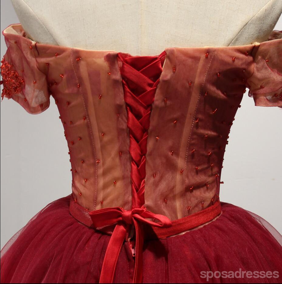 Off Shoulder Short Sleeve Red Lace Homecoming Prom Dresses, Affordable Short Party Corset Back Prom Dresses, Perfect Homecoming Dresses, CM215