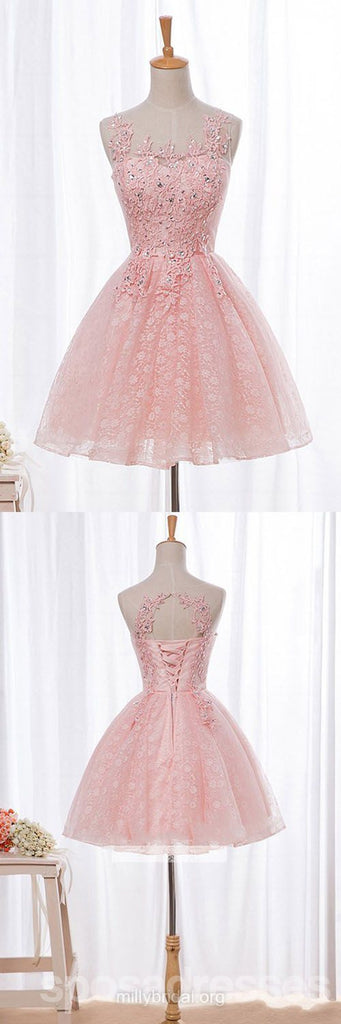 Open Back Pink Lace Beaded Short Homecoming Prom Dresses, Affordable Short Party Prom Sweet 16 Dresses, Perfect Homecoming Cocktail Dresses, CM369