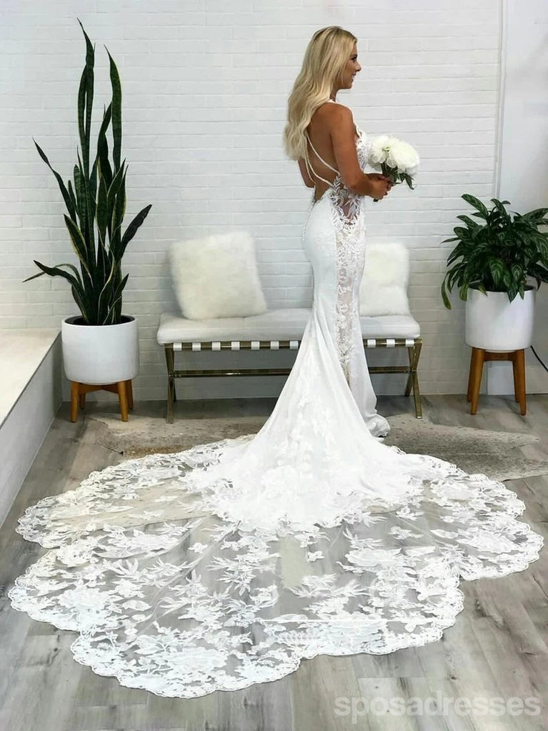 Long Mermaid Halter Sleeveless V-neck Lace Wedding Dresses,WD762