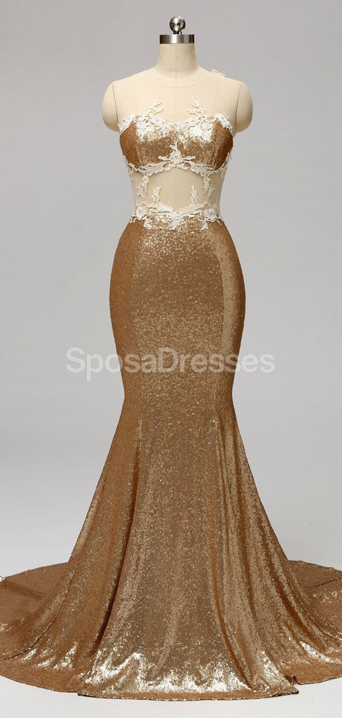 Gold Sequin See Through Mermaid Cheap Bridesmaid Dresses Online, WG595