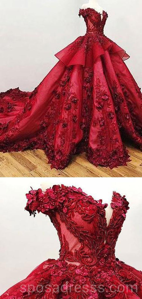 Off Shoulder Red Lace Ball Gown Long Evening Prom Dresses, Cheap Custom Sweet 16 Dresses, 18557