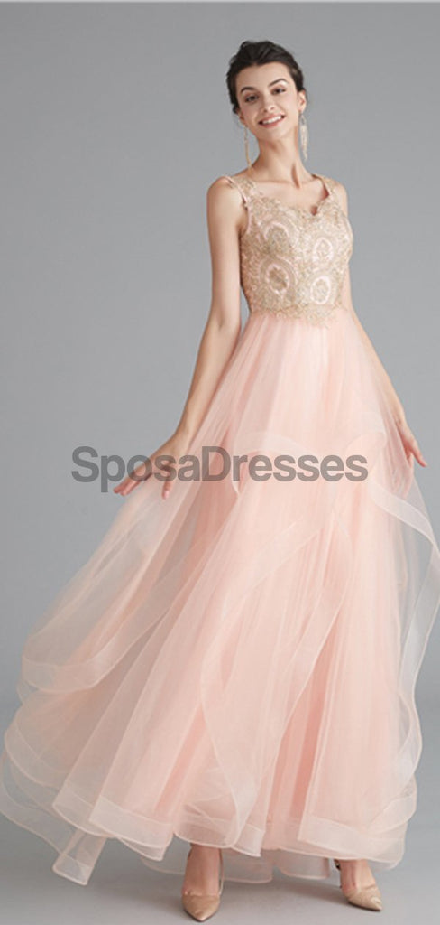 V Neck Peach A-line Gold Bodice Evening Prom Dresses, Evening Party Prom Dresses, 12120