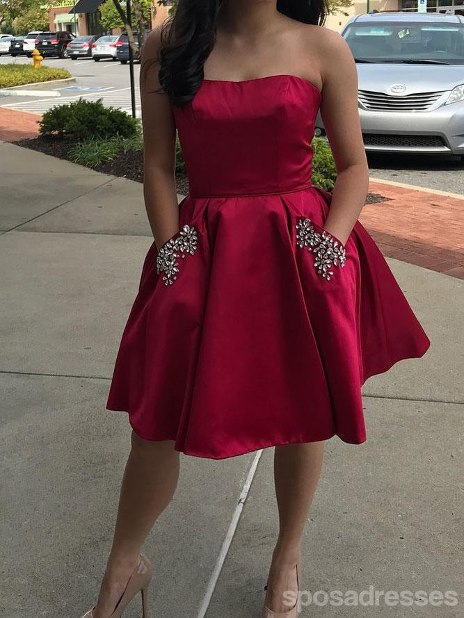Simple Strapless Cute Cheap Beaded Red Homecoming Dresses, CM450