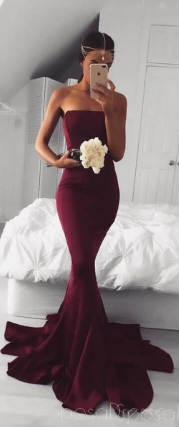 Strapless Maroon Mermaid Evening Prom Dresses, Long Simple Party Prom Dresses, 17123