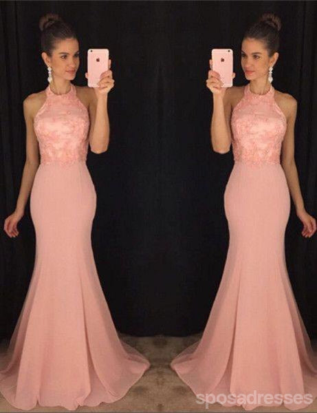 Halter Blush Pink Mermaid Evening Prom Dresses, Long Party Prom Dresses, 17063