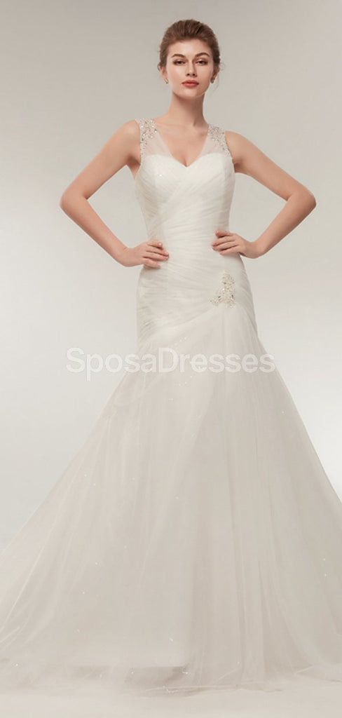 V Neck Mermaid Beaded Cheap Wedding Dresses Online, Unique Bridal Dresses, WD564
