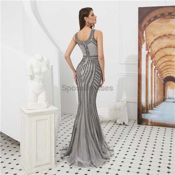 V Neck Grey Beaded Mermaid Evening Prom Dresses, Evening Party Prom Dresses, 12089