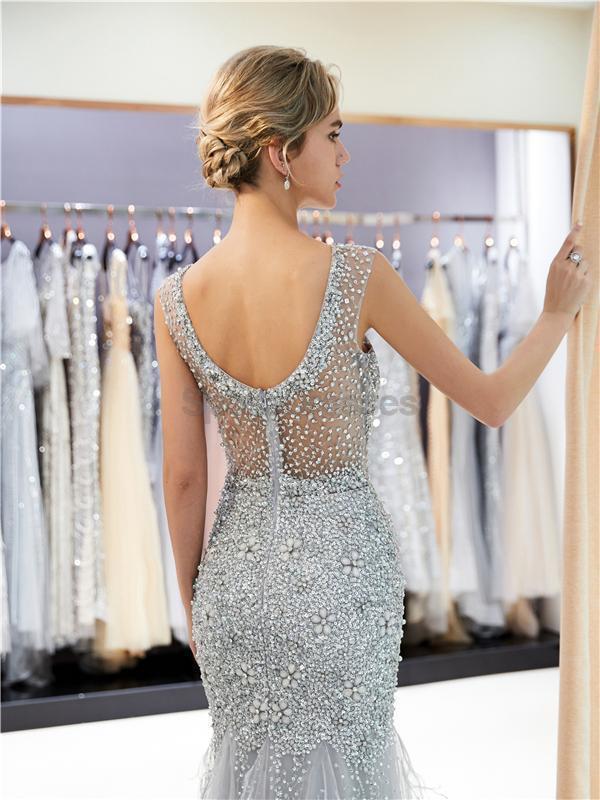Scoop See Through Grey Rhinestone Beaded Mermaid Evening Prom Dresses, Evening Party Prom Dresses, 12041