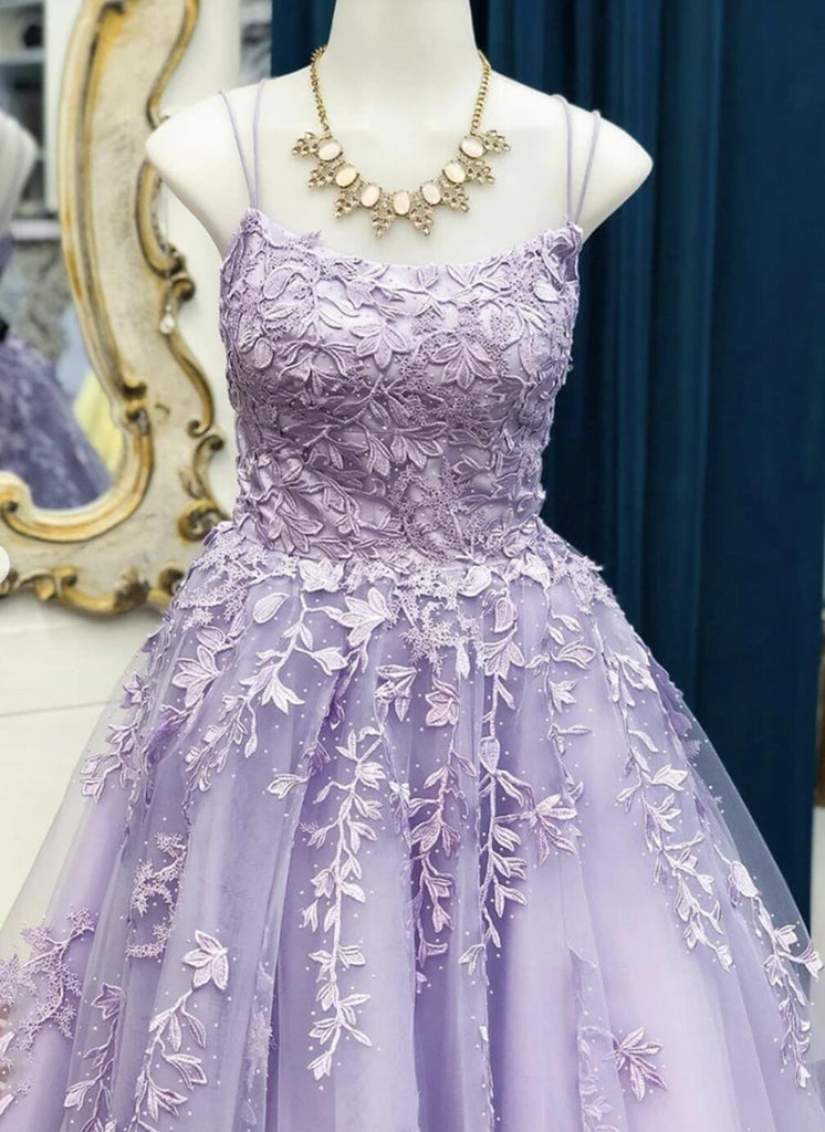 Sexy Backless Lilac Lace Beaded A-line Long Evening Prom Dresses, Evening Party Prom Dresses, 12301