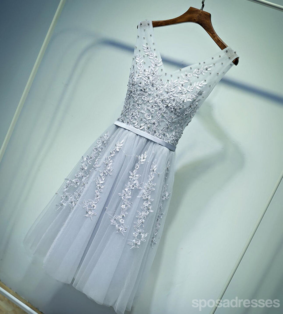 Gray Lace V Neckline Beaded Homecoming Prom Dresses, Affordable Corset Back Short Party Prom Dresses, Perfect Homecoming Dresses, CM258