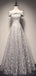 Off Shoulder Grey Lace A-line Long Evening Prom Dresses, Cheap Sweet 16 Dresses, 18407