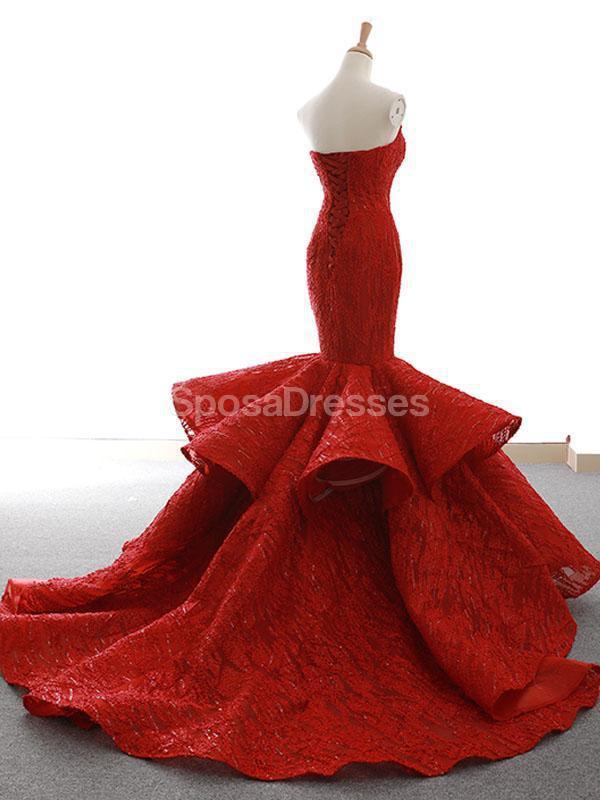 Unique Lace Red Mermaid Long Evening Prom Dresses, Evening Party Prom Dresses, 12261