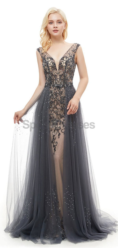 Grey V Neck Open Back Beaded A-line Evening Prom Dresses, Evening Party Prom Dresses, 12050