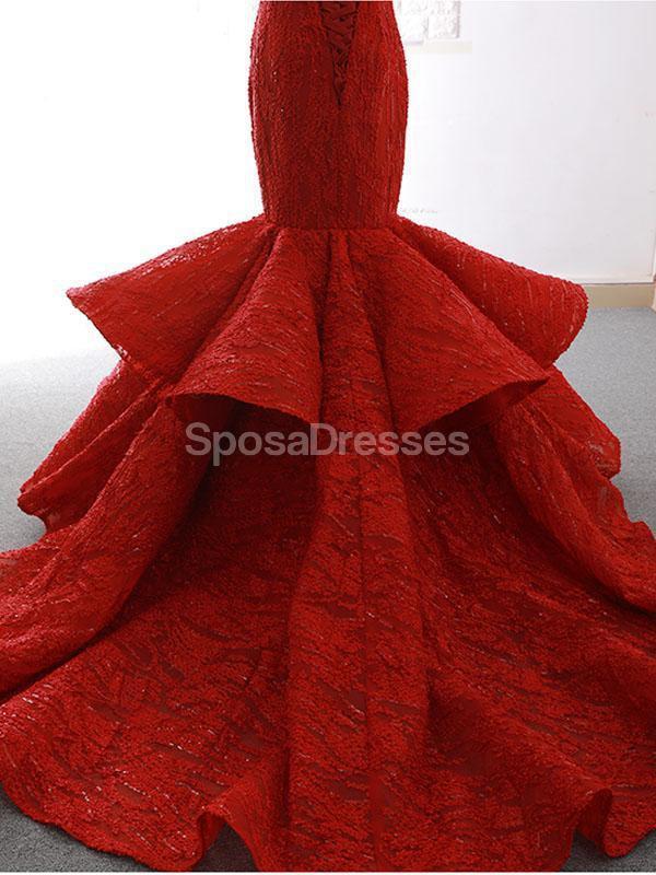 Unique Lace Red Mermaid Long Evening Prom Dresses, Evening Party Prom Dresses, 12261