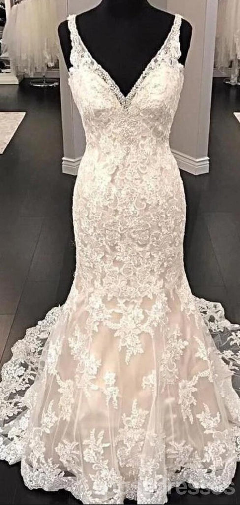 Sexy Backless V Neck Lace Mermaid Wedding Dresses Online, Cheap Bridal Dresses, WD636