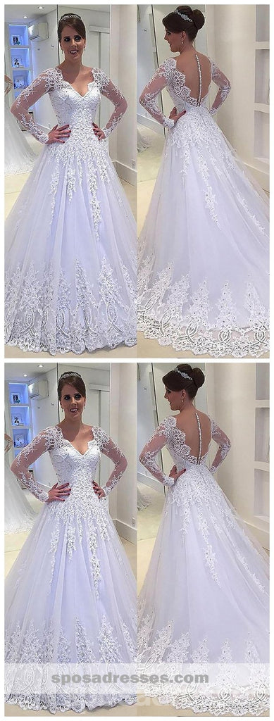 Long Sleeves White A-line Wedding Dresses Online, Sexy See Through Lace Bridal Dresses, WD449