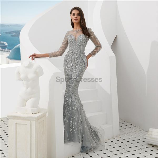 Long Sleeves Grey Heavily Beaded Mermaid Evening Prom Dresses, Evening Party Prom Dresses, 12097