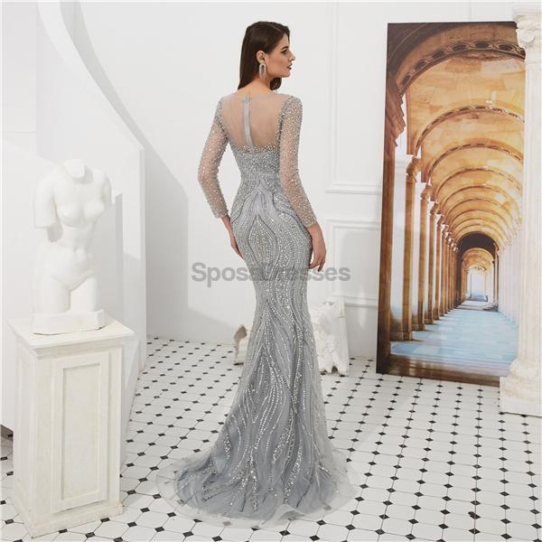 Long Sleeves Grey Heavily Beaded Mermaid Evening Prom Dresses, Evening Party Prom Dresses, 12097
