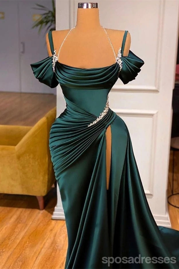 Unique Emerald Green Mermaid Spaghetti Straps High Slit Long Prom Dresses,12837