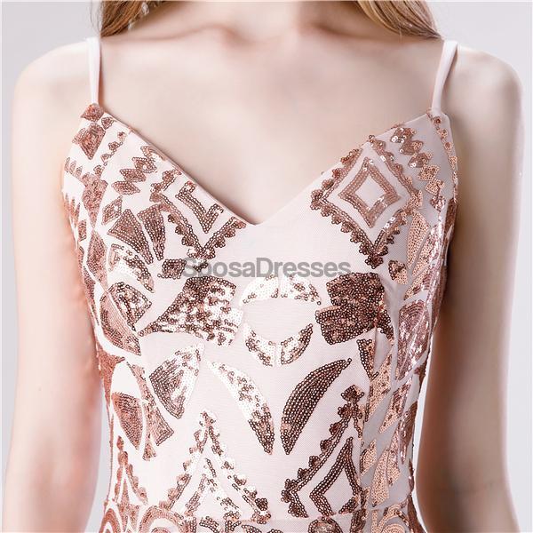 Spaghetti Straps Rose Gold Sequin Mermaid Evening Prom Dresses, Evening Party Prom Dresses, 12114