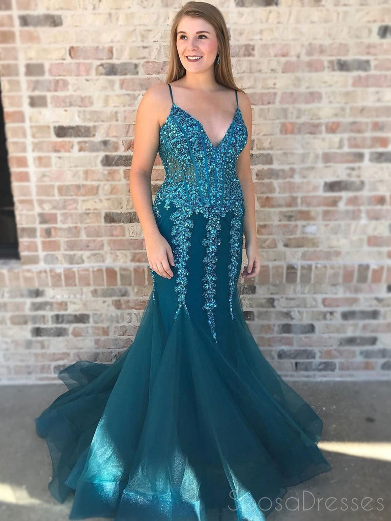 Turquoise See Through V Neck Mermaid Long Evening Prom Dresses, 17543