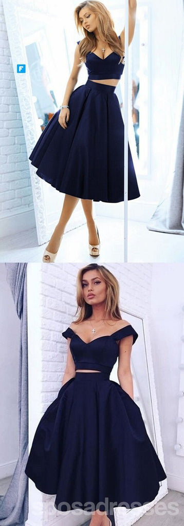 Two Pieces Off Shoulder Navy Blue Homecoming Prom Dresses, Cheap Homecoming Dresses, CM358