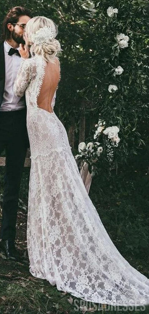 Long Sleeves High Neck Backless Lace Boho Wedding Dresses, Mermaid Wedding Gown, WD704