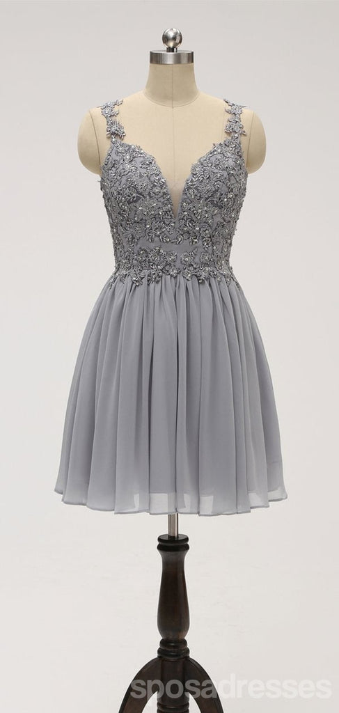 Lace Straps Grey Chiffon Short Cheap Homecoming Dresses Online, CM814