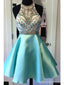 Heavily Beaded Green Halter Short Homecoming Prom Dresses, AffordableSweet 16 Dresses, CM3590