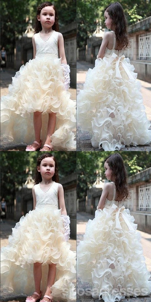 V-neck Hi-low Ivory Flower Girl Dresses, Cute Cheap Tutu Dresses, FG014