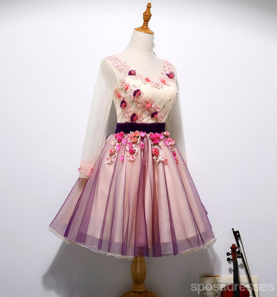 Long Sleeve Hand Made Flower Cute Homecoming Prom Dresses, Affordable Short Party Prom Dresses, Perfect Homecoming Dresses, CM322