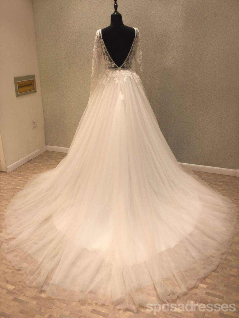 Long Sleeve Backless V Neckline See Through Lace Wedding Bridal Dresses, Custom Made Wedding Dresses, Affordable Wedding Bridal Gowns, WD244