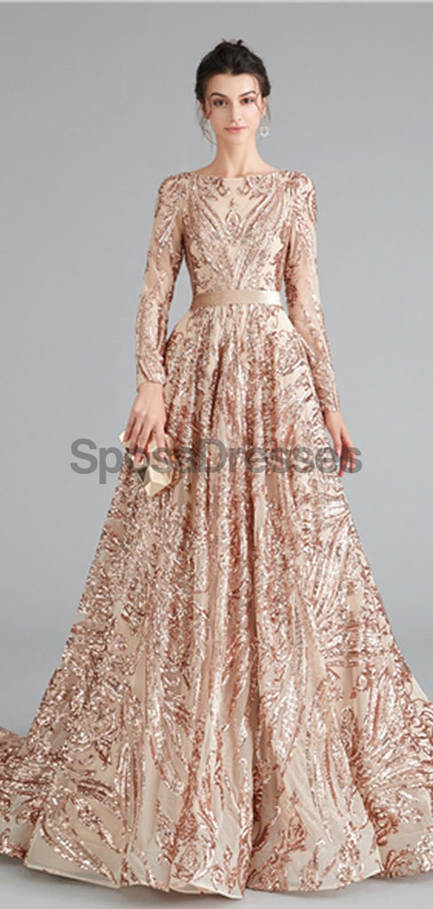 Long Sleeves Sparkly Rose Gold Backless Evening Prom Dresses, Evening Party Prom Dresses, 12111