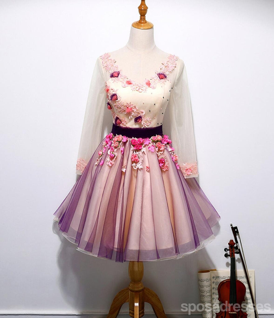 Long Sleeve Hand Made Flower Cute Homecoming Prom Dresses, Affordable Short Party Prom Dresses, Perfect Homecoming Dresses, CM322