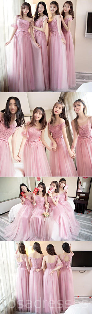 Pink Lace Tulle Long Bridesmaid Dresses, Cheap Bridesmaid Dresses, BD002
